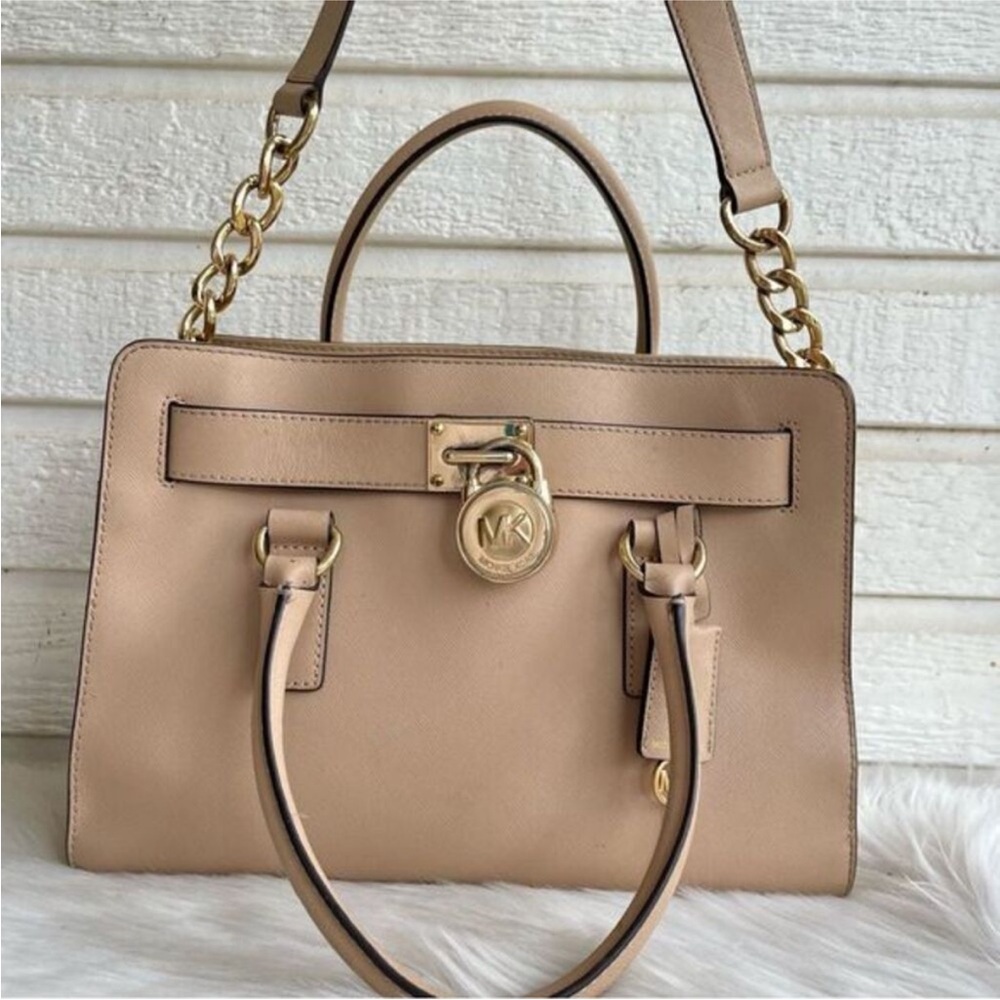 MICHAEL KORS Tan Leather Hamilton Minimalist Satchel Tote Raven Bedford Fulton